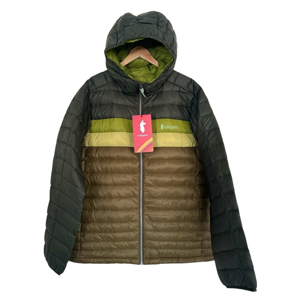 NWT Cotopaxi Men's Large Retro Striped Fuego Hooded Down Jacket Green Coat